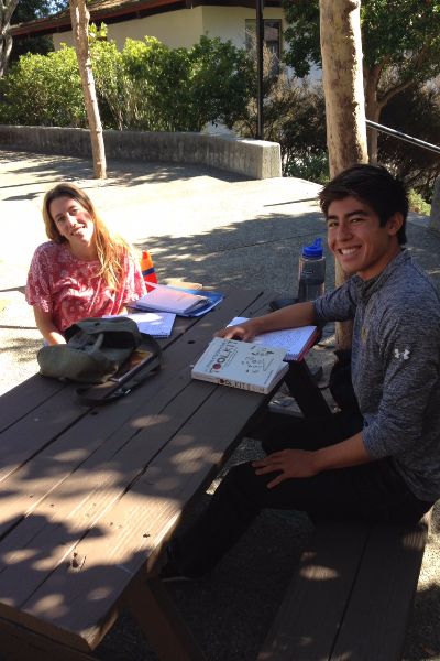 Andrea Block and Brian Buckley were studying in the Cowell Courtyard between classes.